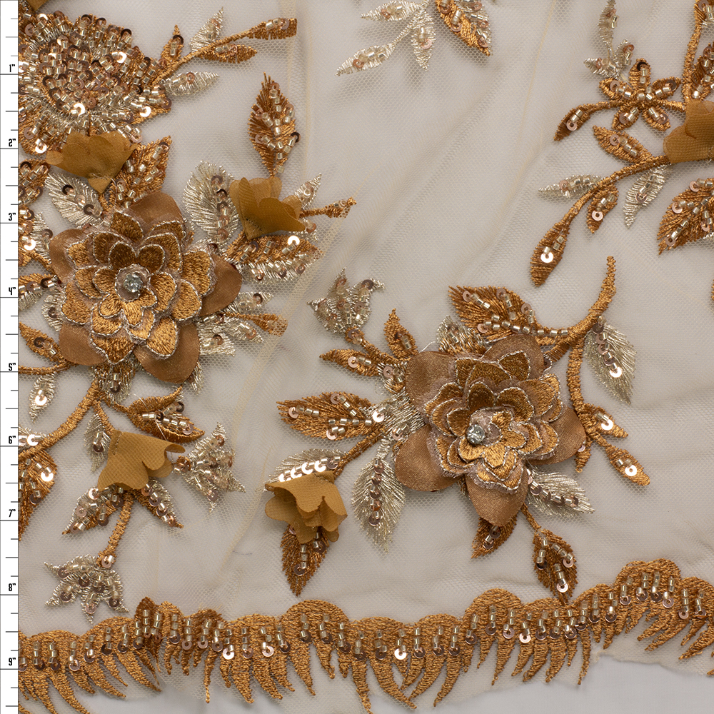 Brown Rhinestone Rose Beaded Bridal Lace #28862 Fabric By The Yard