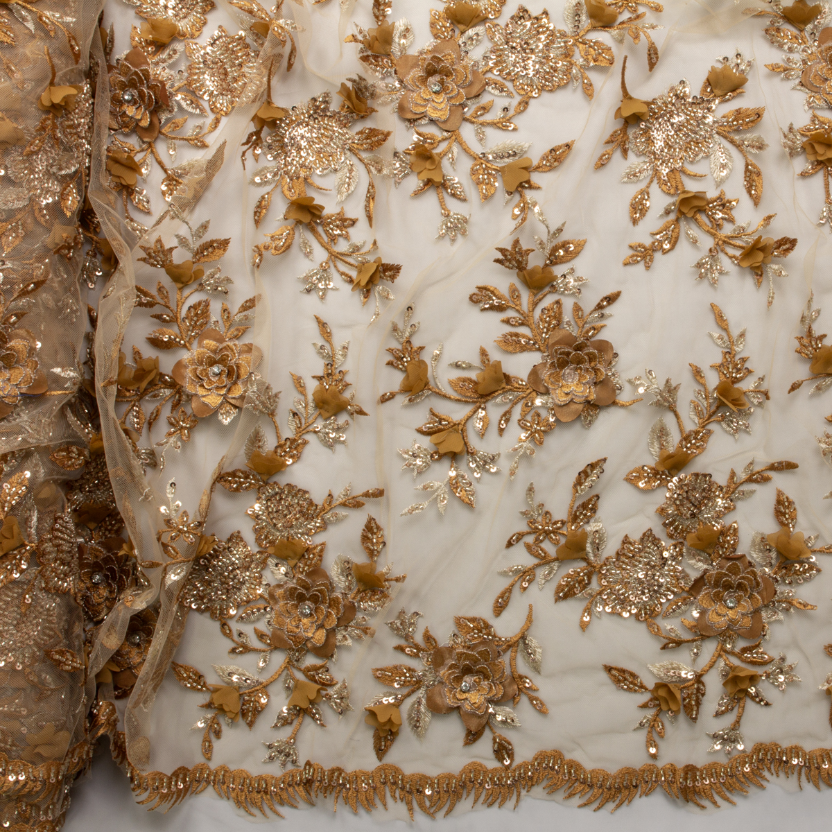 Brown Rhinestone Rose Beaded Bridal Lace #28862 Fabric By The Yard - Wide shot