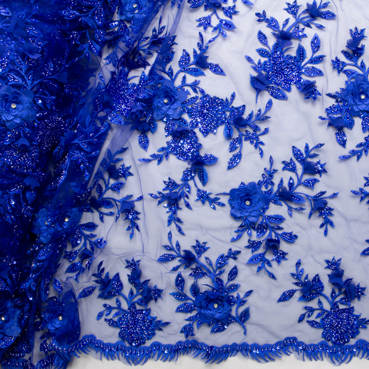 Royal Blue Rhinestone Rose Beaded Bridal Lace #28864 Fabric By The Yard - Wide shot
