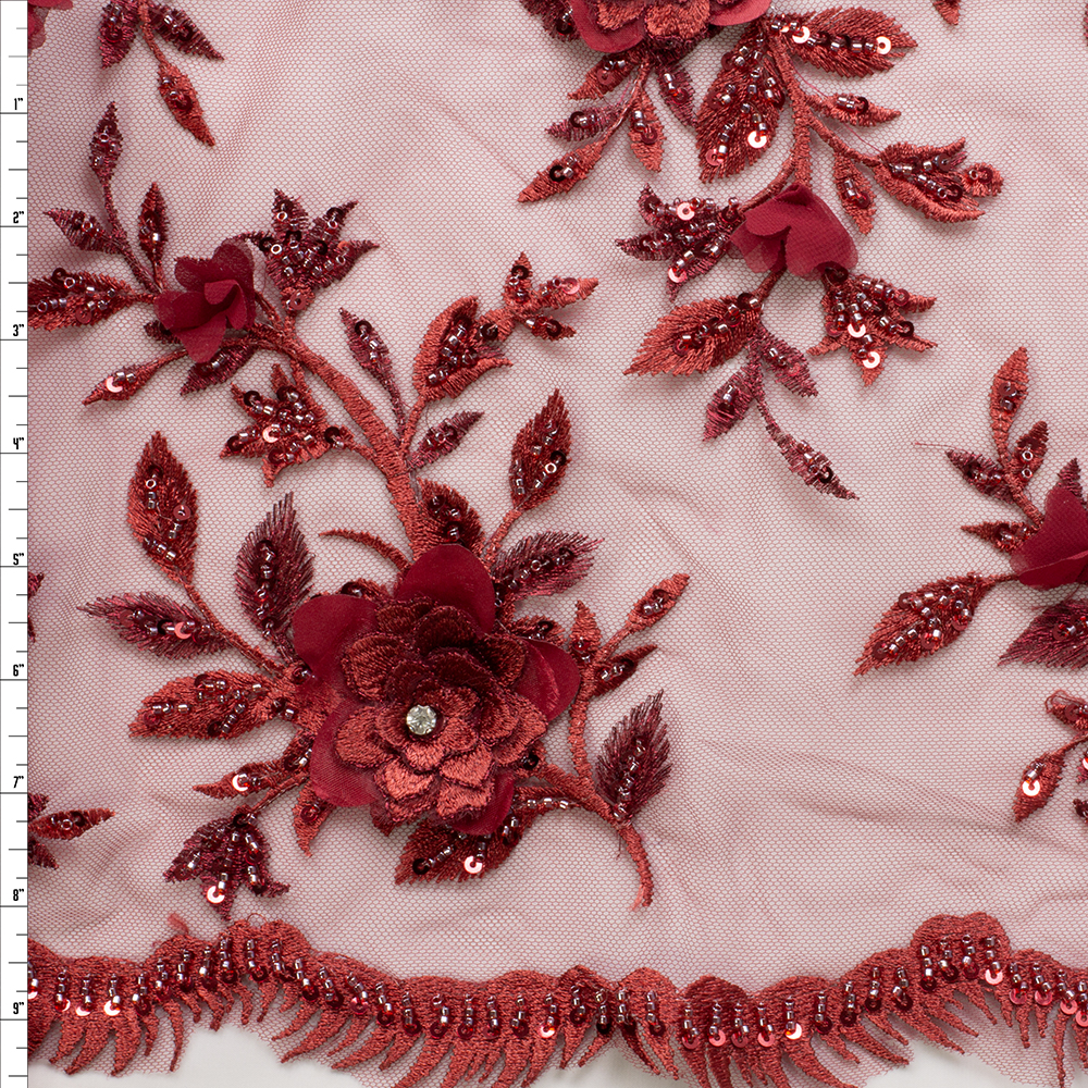 Burgundy Rhinestone Rose Beaded Bridal Lace #28865 Fabric By The Yard