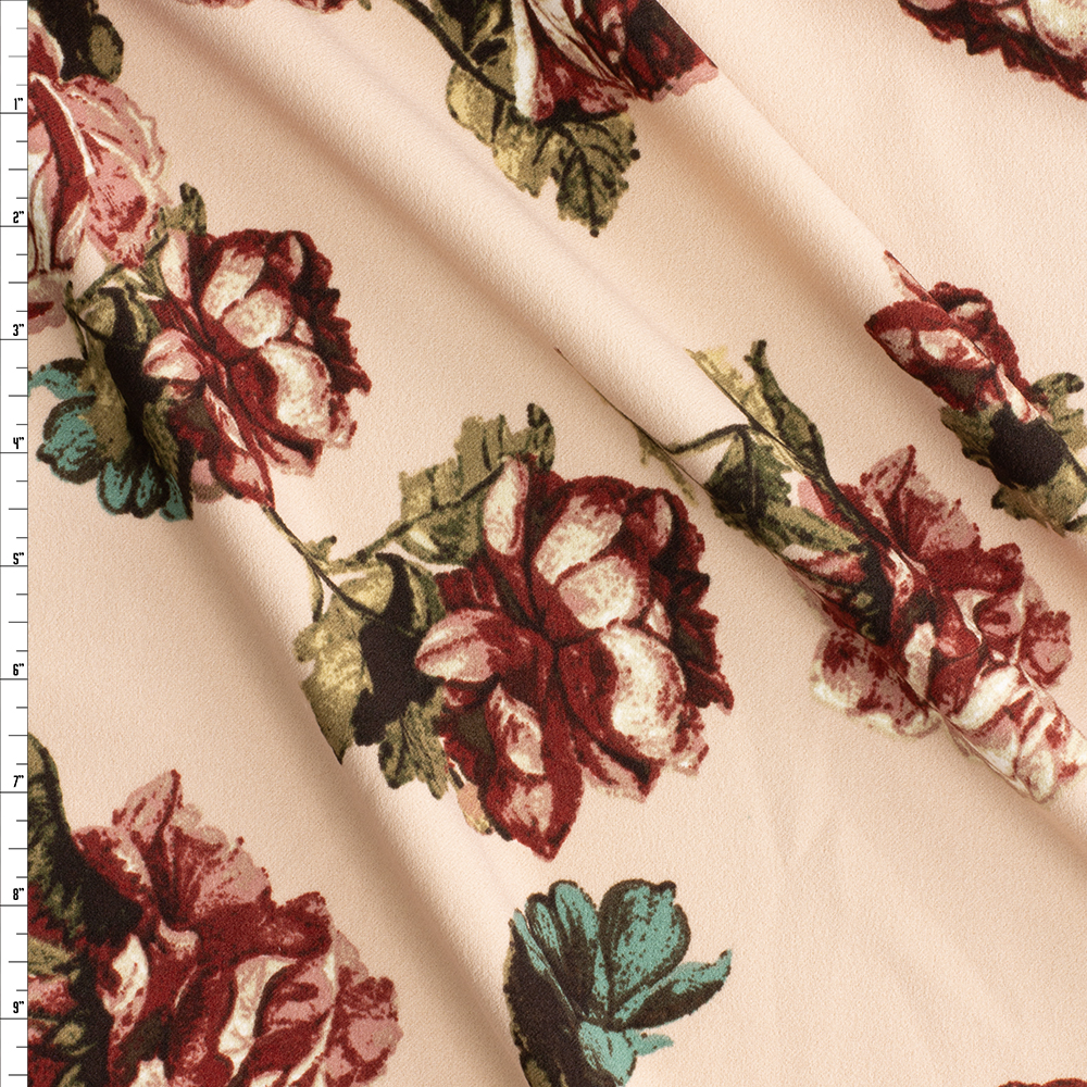 Wine Roses On Blush Crepe Knit #28880 Fabric By The Yard