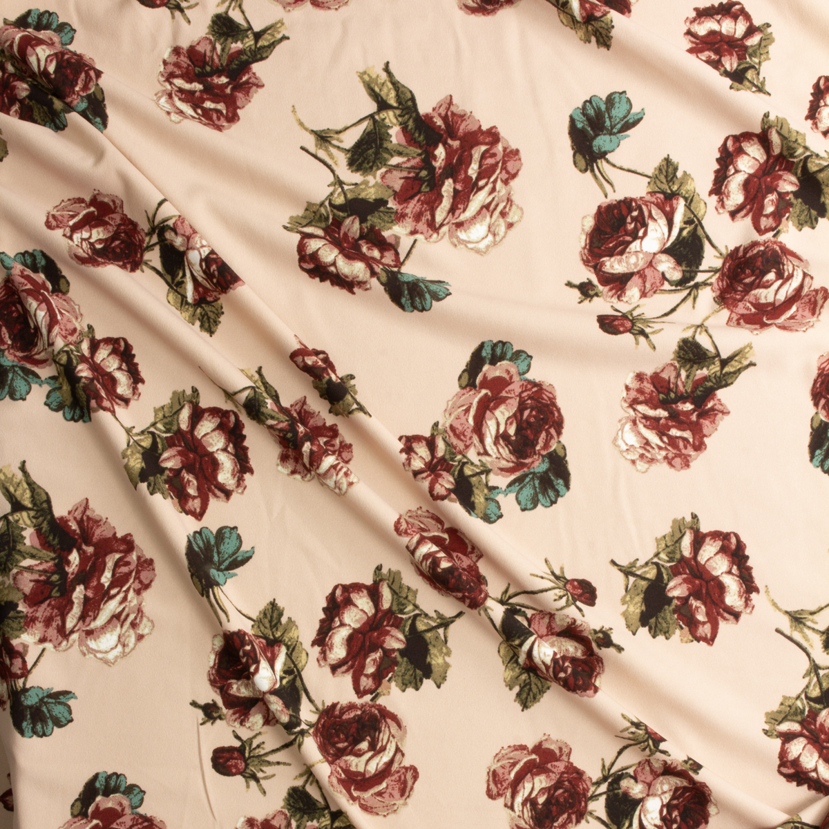 Wine Roses On Blush Crepe Knit #28880 Fabric By The Yard - Wide shot