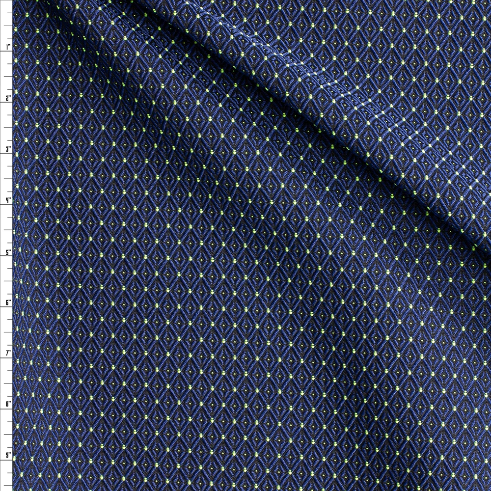 Neon Lime On Midnight Blue Diamond Pattern Brocade #28905 Fabric By The Yard