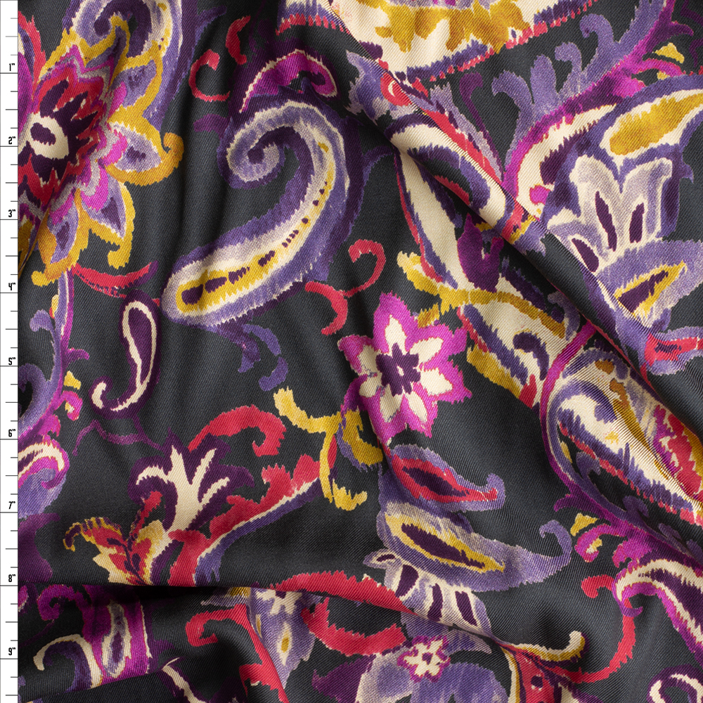 Plum, Hot Pink, and Mustard Paisley Floral on Charcoal Lightweight Rayon Twill #29004 Fabric By The Yard