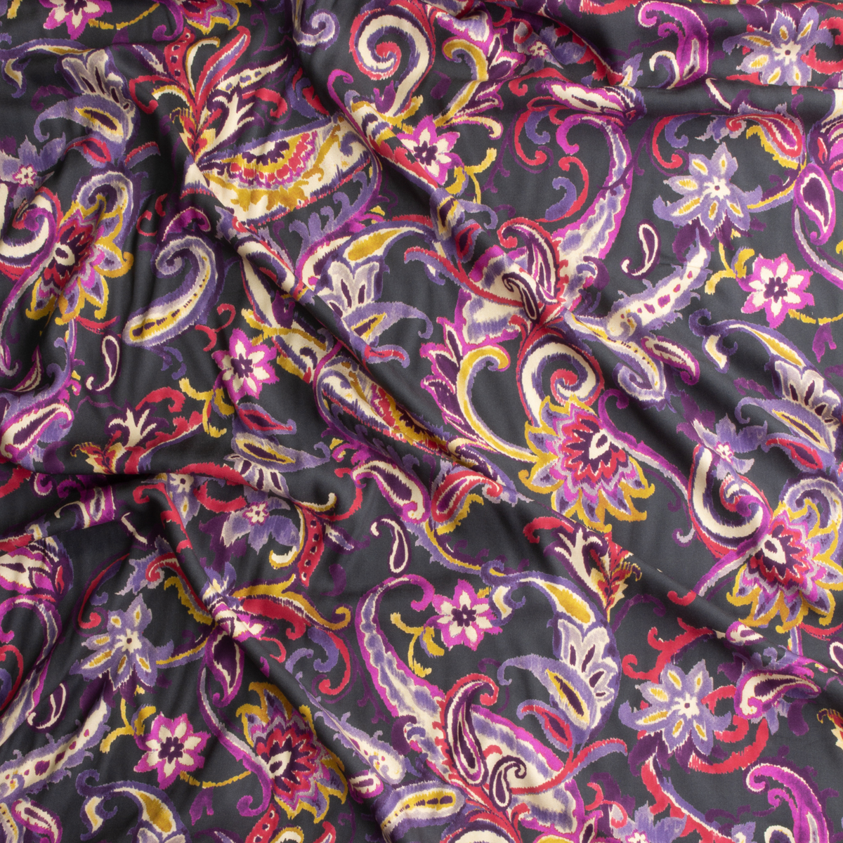 Plum, Hot Pink, and Mustard Paisley Floral on Charcoal Lightweight Rayon Twill #29004 Fabric By The Yard - Wide shot