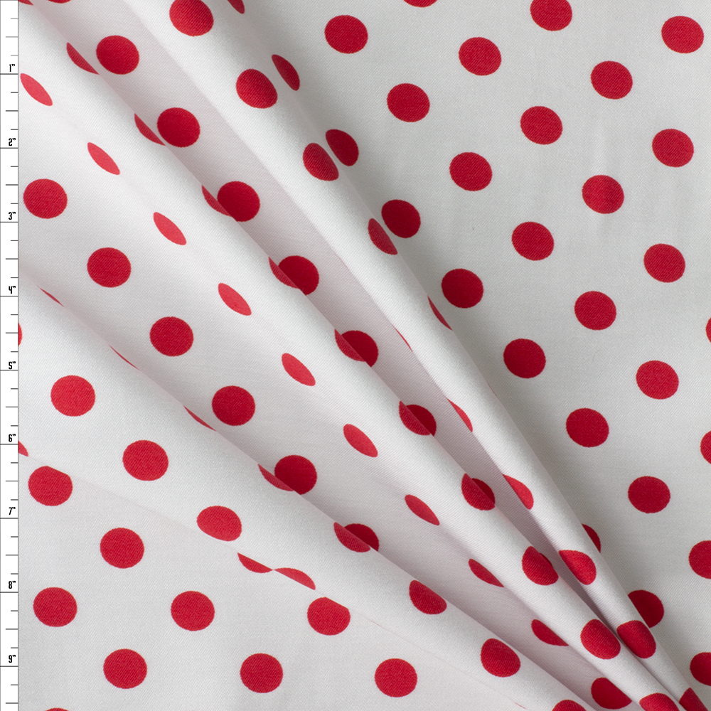 Red on White Polka Dots Nylon/Viscose Stretch Twill #29036 Fabric By The Yard