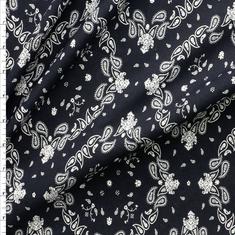 White Diagonal Paisley Diamonds on Navy  Nylon/Viscose Stretch Twill #29039 Fabric By The Yard