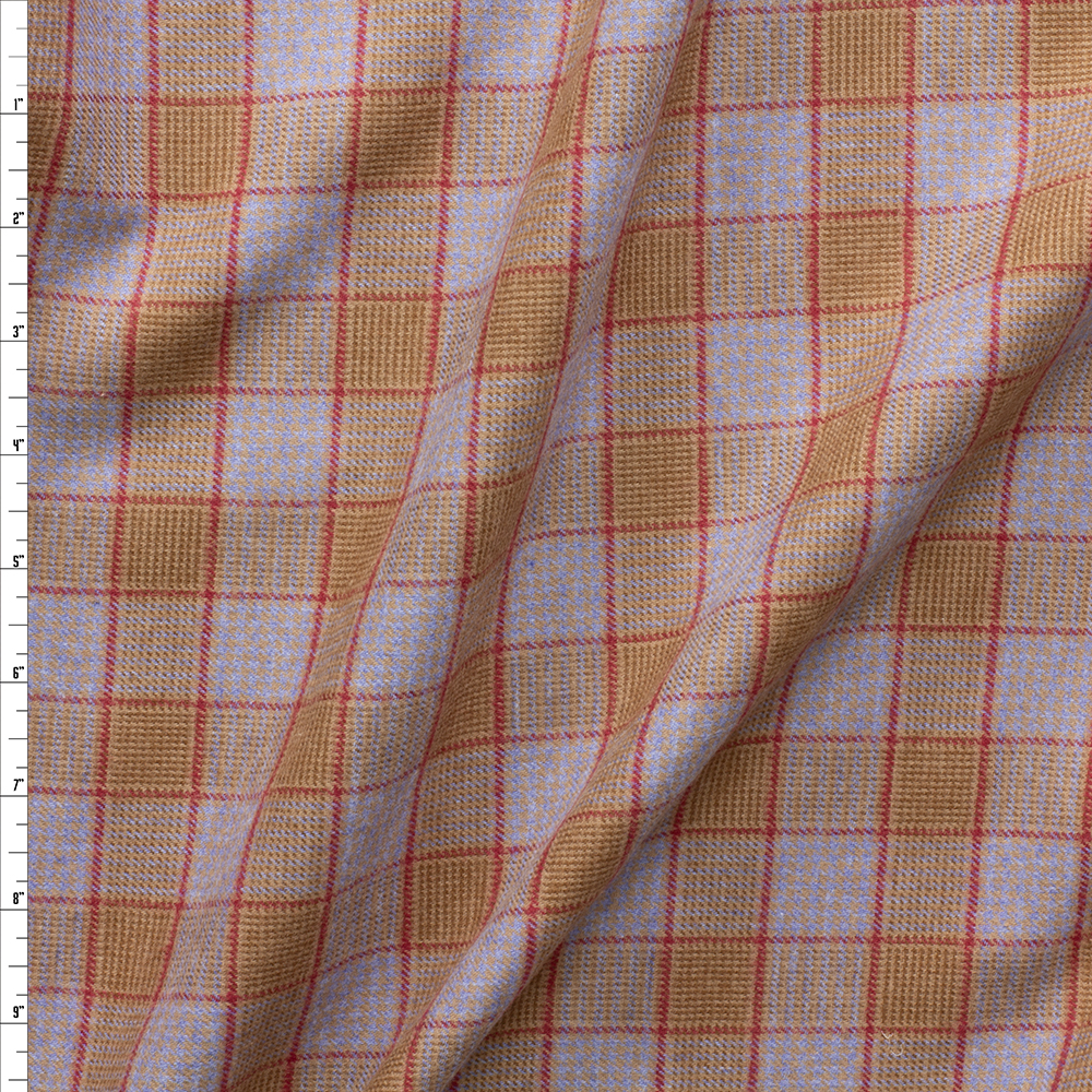 Tan, Red, and Sky Plaid NYC Designer Soft Cotton Flannel #29126 Fabric By The Yard