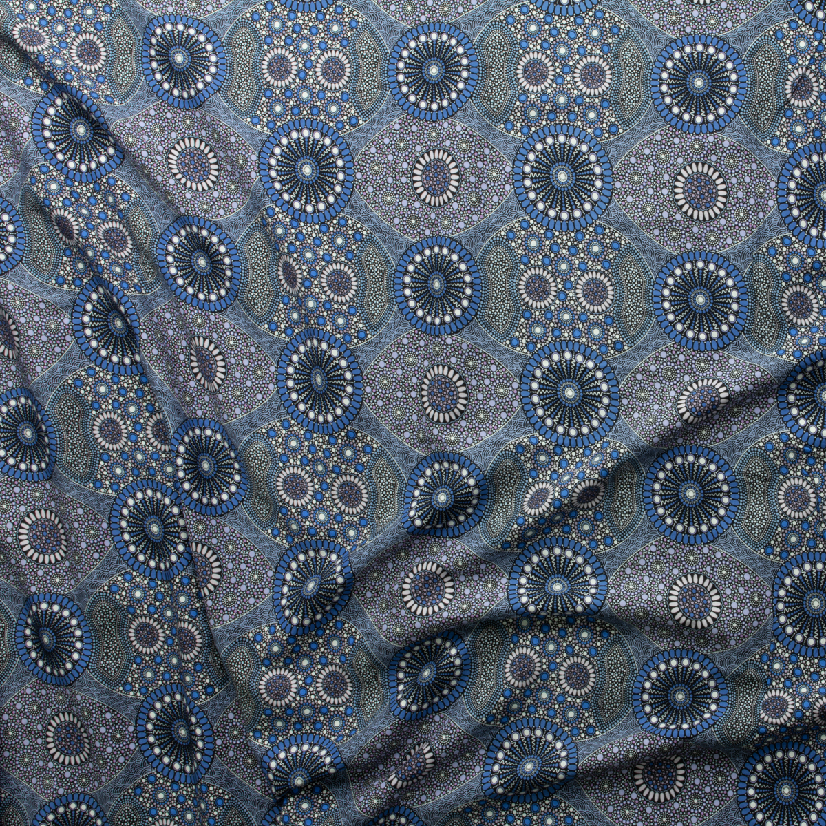 Wild Bush Banana and Tomato Blue Australian Aboriginal Print Rayon Challis #29143 Fabric By The Yard - Wide shot