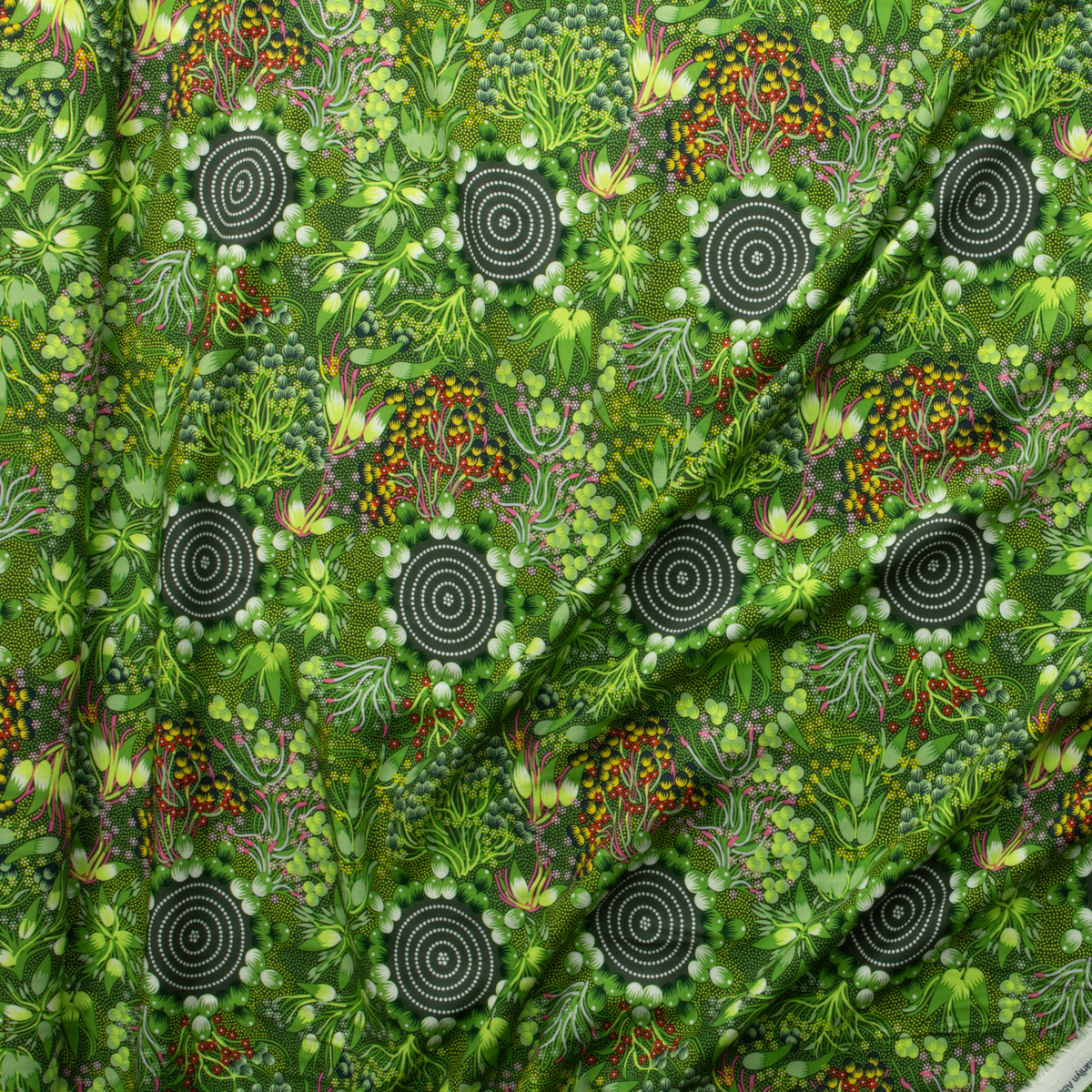Bush Fruits Green Australian Aboriginal Print Rayon Challis #29147 Fabric By The Yard - Wide shot