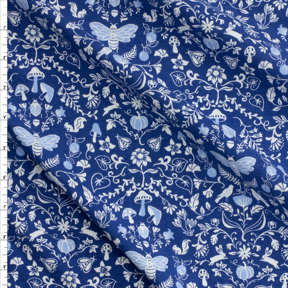 Garden Kingdom Blue Stretch Organic Cotton Jersey #29162 Fabric By The Yard