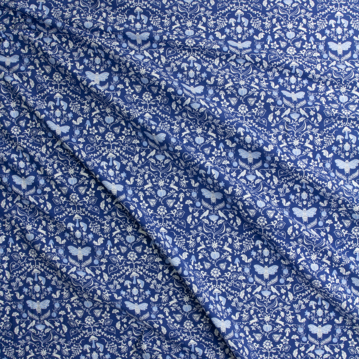 Garden Kingdom Blue Stretch Organic Cotton Jersey #29162 Fabric By The Yard - Wide shot