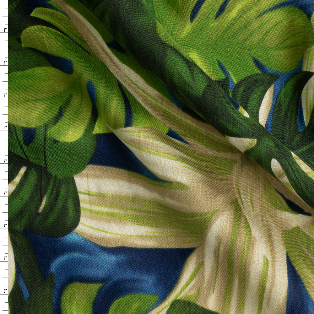 Green and Ivory Tropical one Teal NYC Designer Linen #29180 Fabric By The Yard