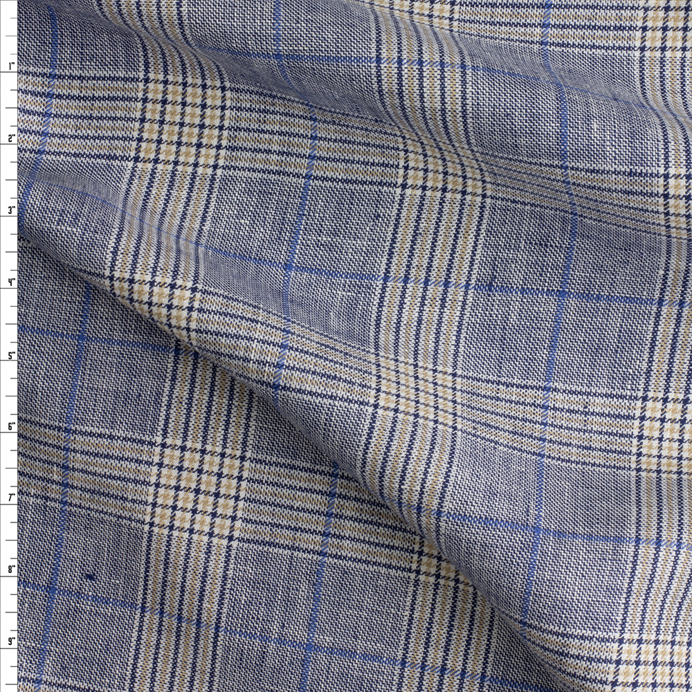 Blue, Tan, and Offwhite Plaid NYC Designer Linen #29184 Fabric By The Yard