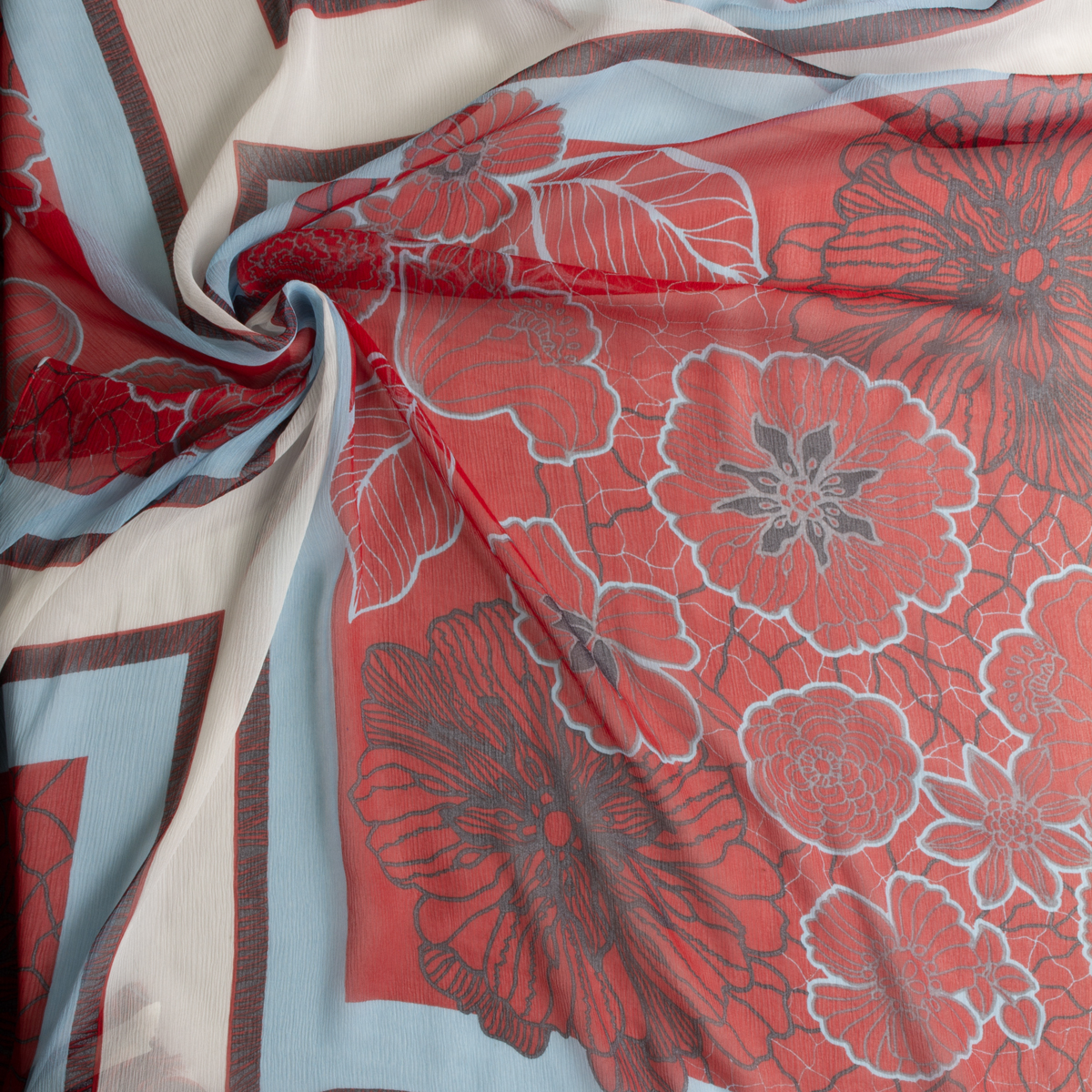 Red, Sky, Navy, and White Tiled Crinkle Silk Chiffon #29227 Fabric By The Yard - Wide shot