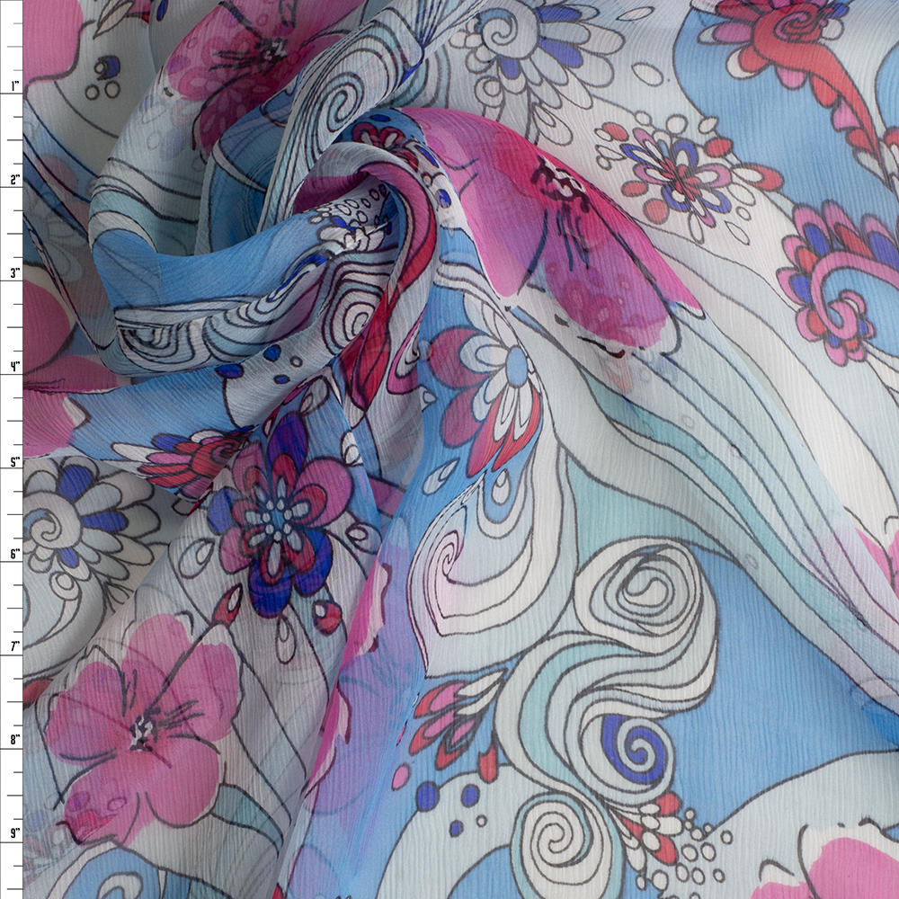 Bright Pink, Aqua, and Turquoise Floral Swirl Crinkle Silk Chiffon #29228 Fabric By The Yard