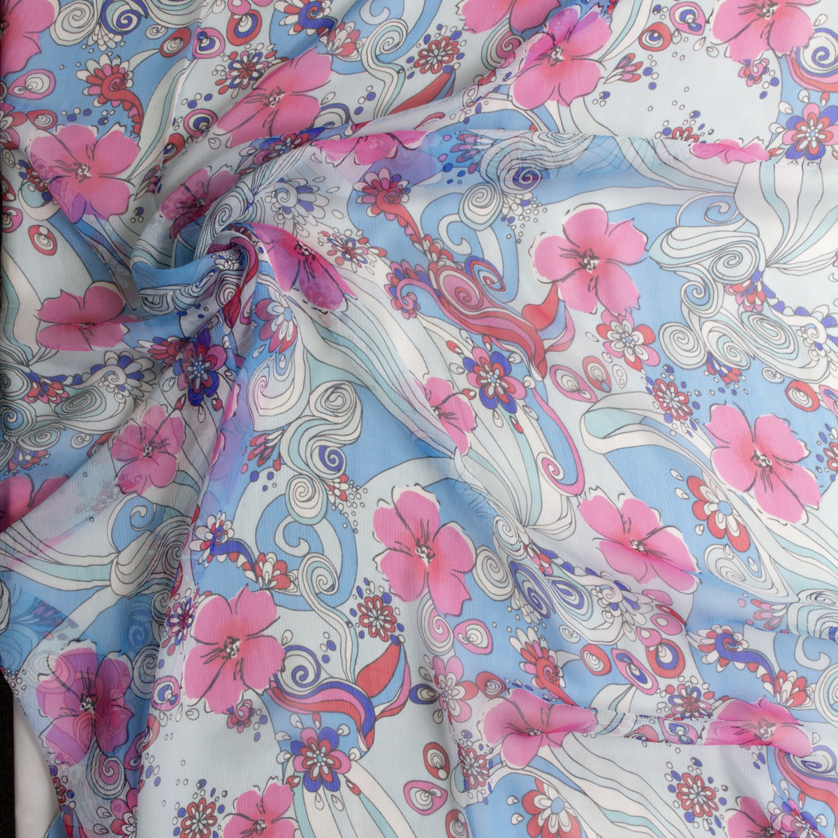 Bright Pink, Aqua, and Turquoise Floral Swirl Crinkle Silk Chiffon #29228 Fabric By The Yard - Wide shot