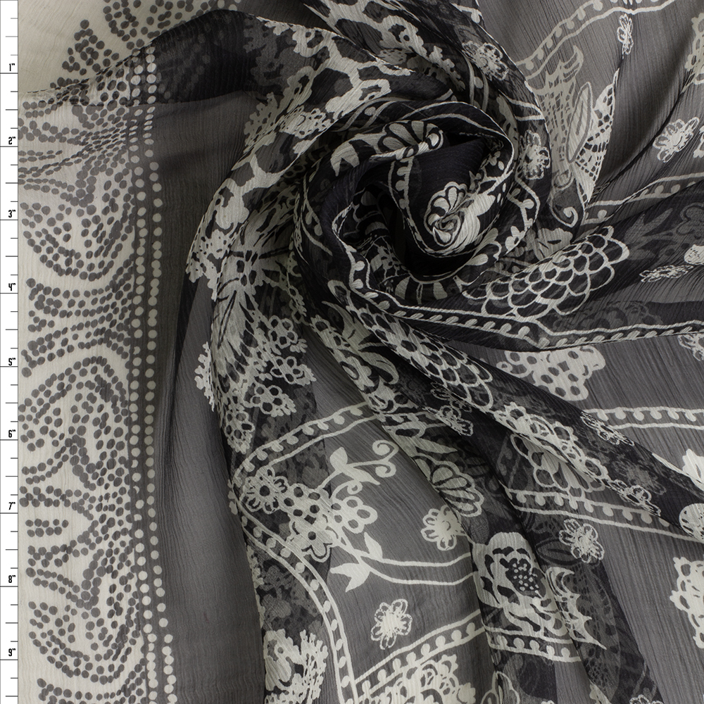 Black and Ivory Tiered Floral Crinkle Silk Chiffon #29229 Fabric By The Yard
