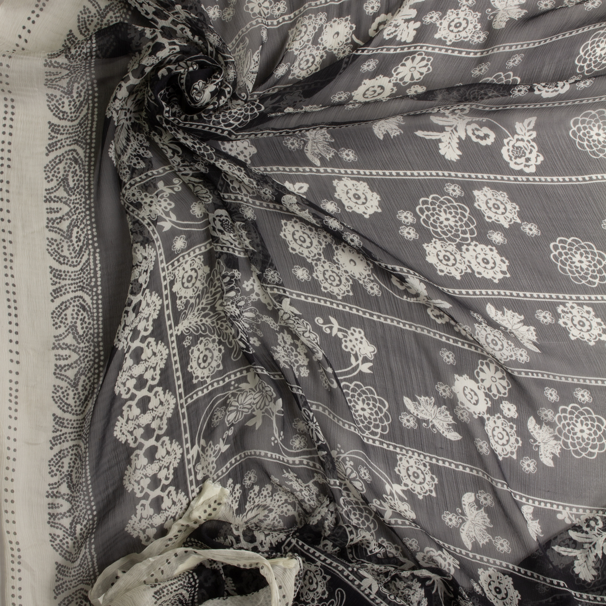 Black and Ivory Tiered Floral Crinkle Silk Chiffon #29229 Fabric By The Yard - Wide shot