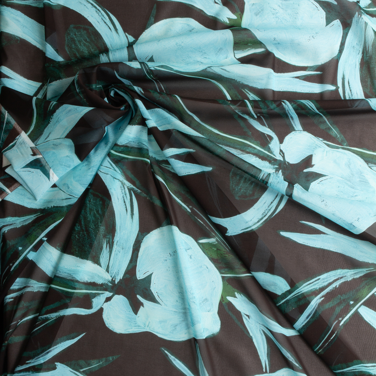 Aqua, Emerald, and Black Brushstroke Floral Silk Chiffon #29230 Fabric By The Yard - Wide shot