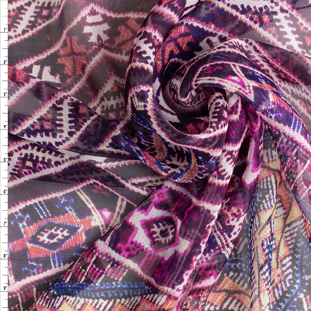 Plum, hot pink, blue, and white tribal Silk Chiffon #29233 Fabric By The Yard