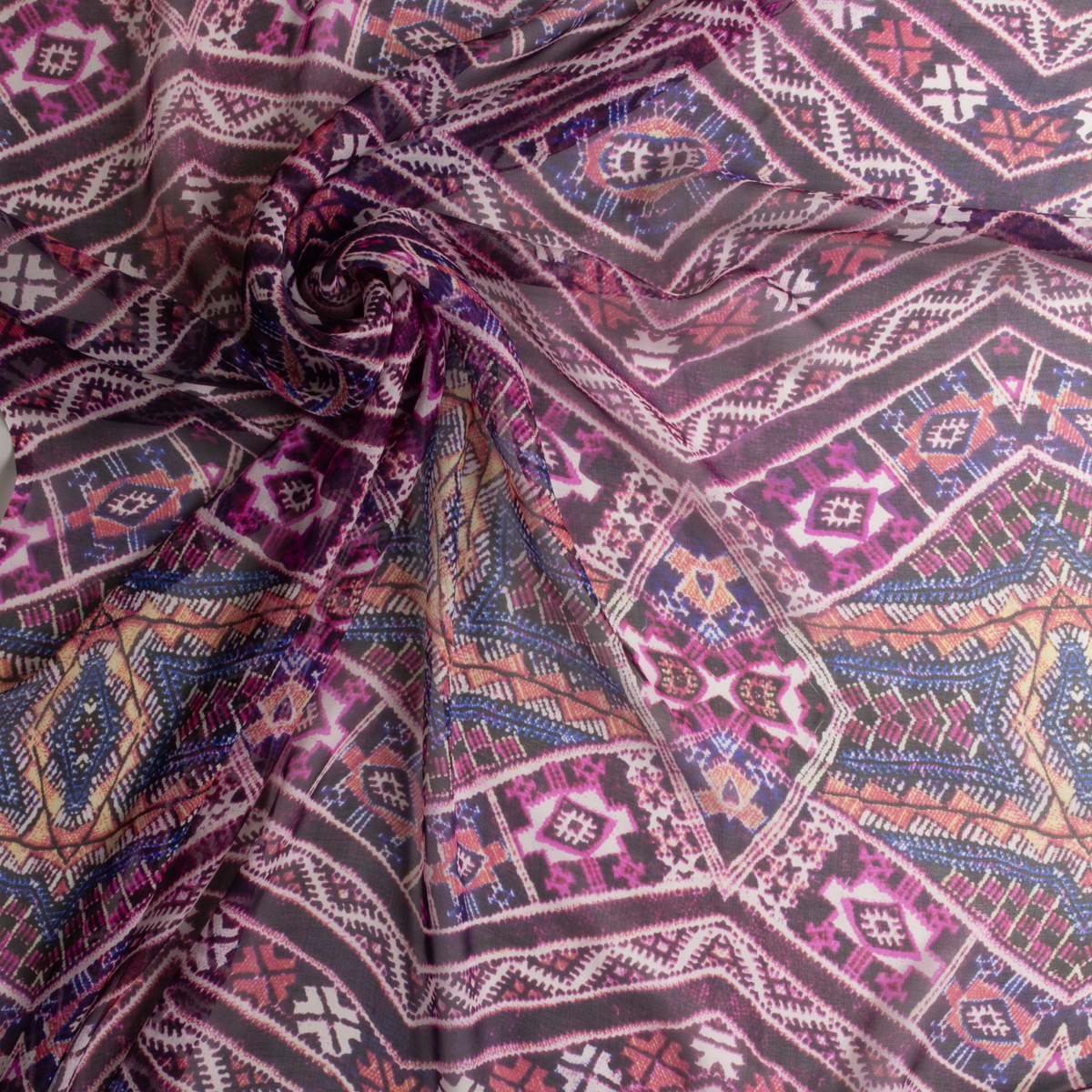 Plum, hot pink, blue, and white tribal Silk Chiffon #29233 Fabric By The Yard - Wide shot