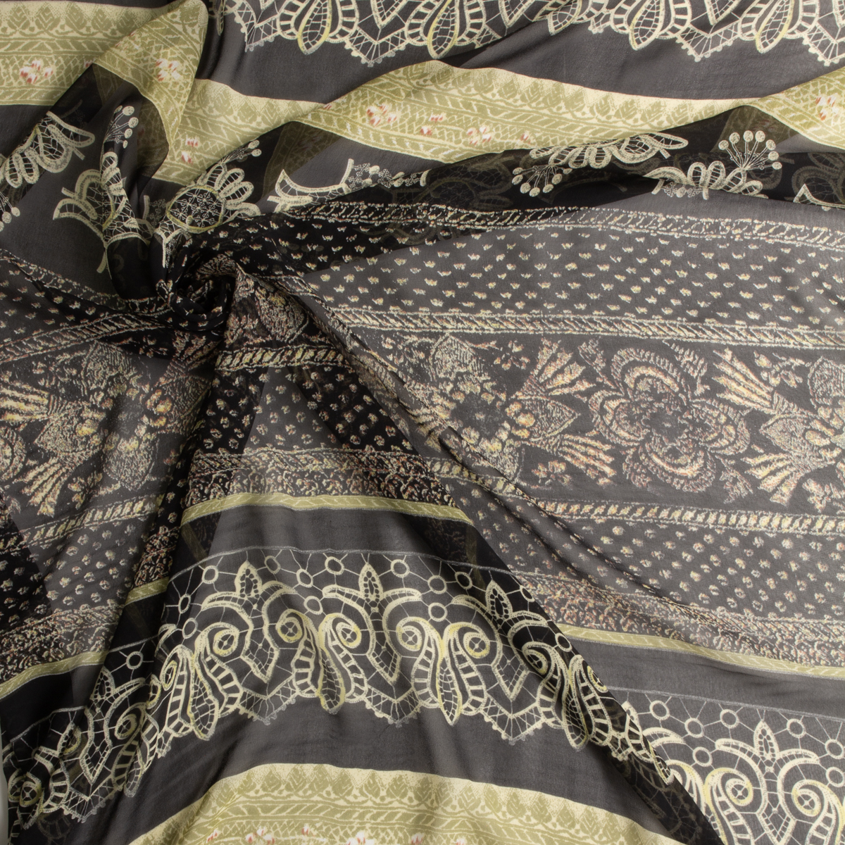 Avocado, ivory, and black horizontal lace stripe Silk Chiffon #29234 Fabric By The Yard - Wide shot