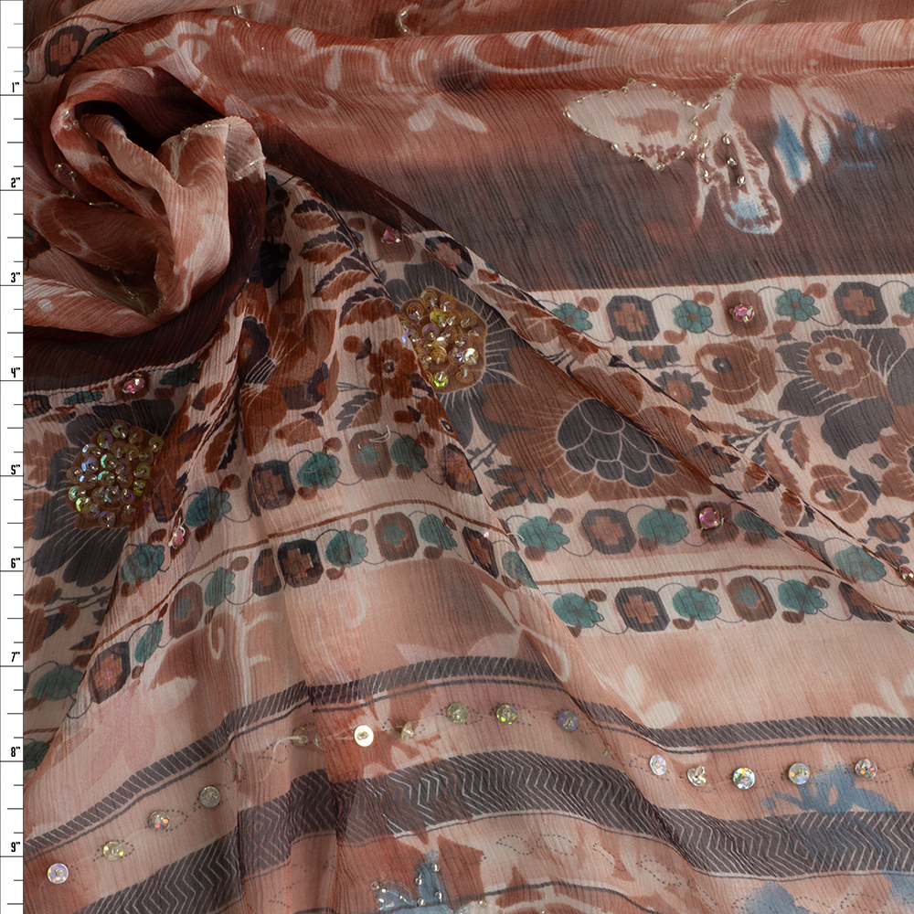 Rust horizontal floral stripe Beaded Crinkle Silk Chiffon #29235 Fabric By The Yard