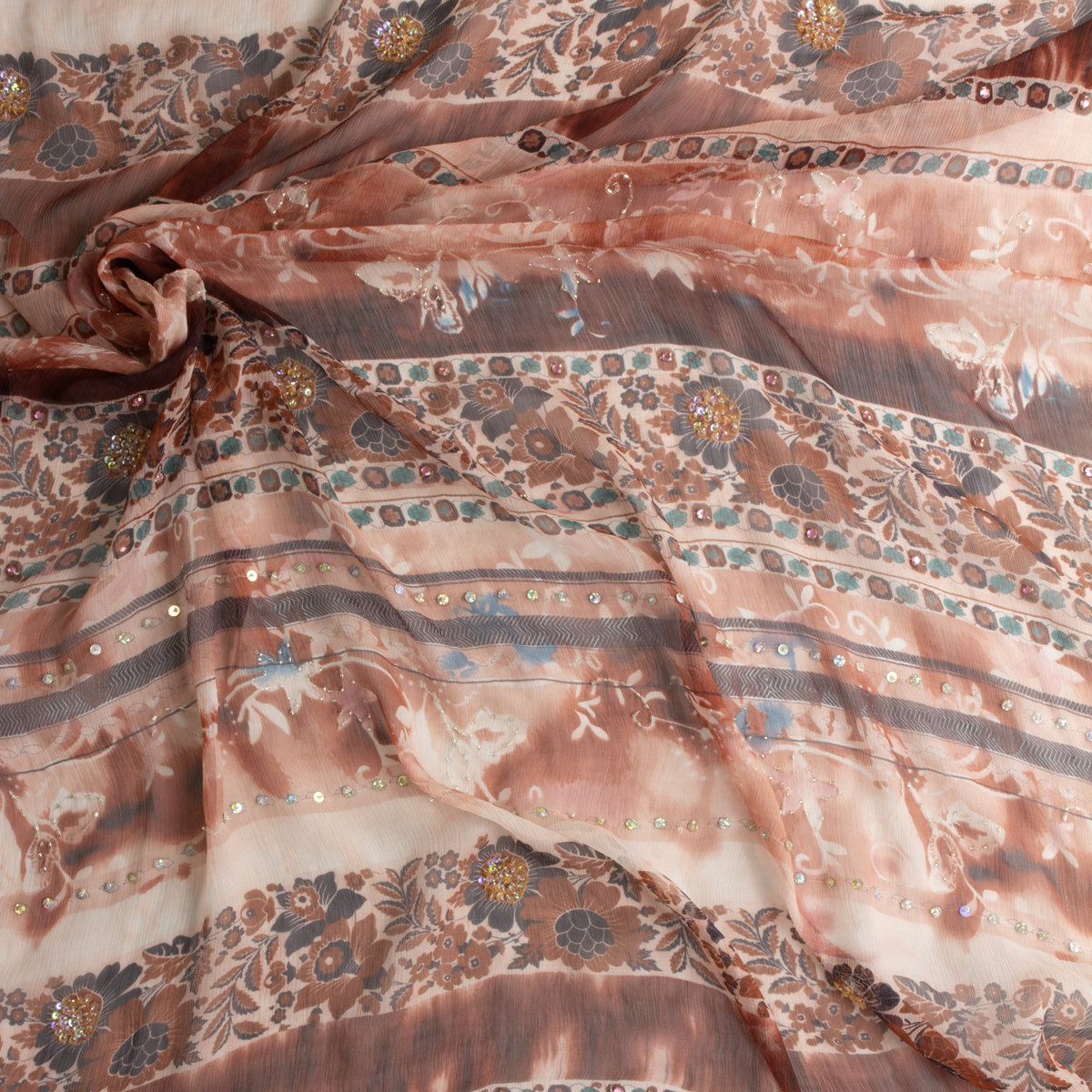 Rust horizontal floral stripe Beaded Crinkle Silk Chiffon #29235 Fabric By The Yard - Wide shot