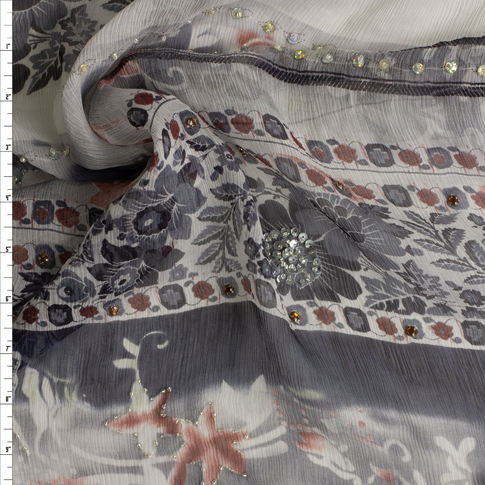 Charcoal horizontal floral stripe Beaded Crinkle Silk Chiffon #29236 Fabric By The Yard