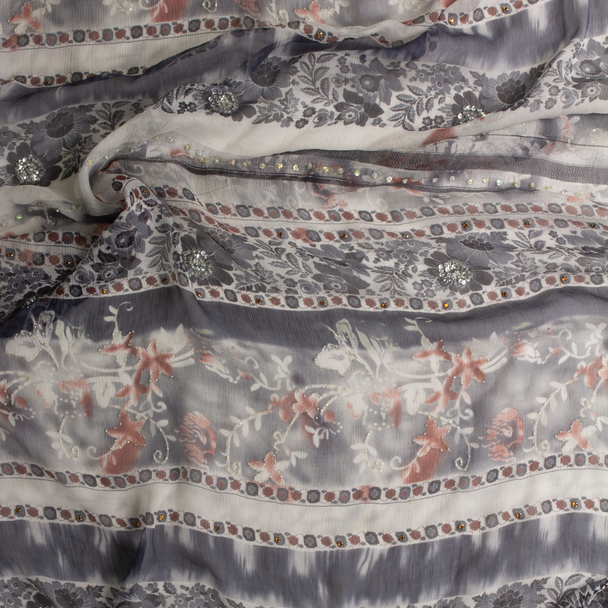 Charcoal horizontal floral stripe Beaded Crinkle Silk Chiffon #29236 Fabric By The Yard - Wide shot