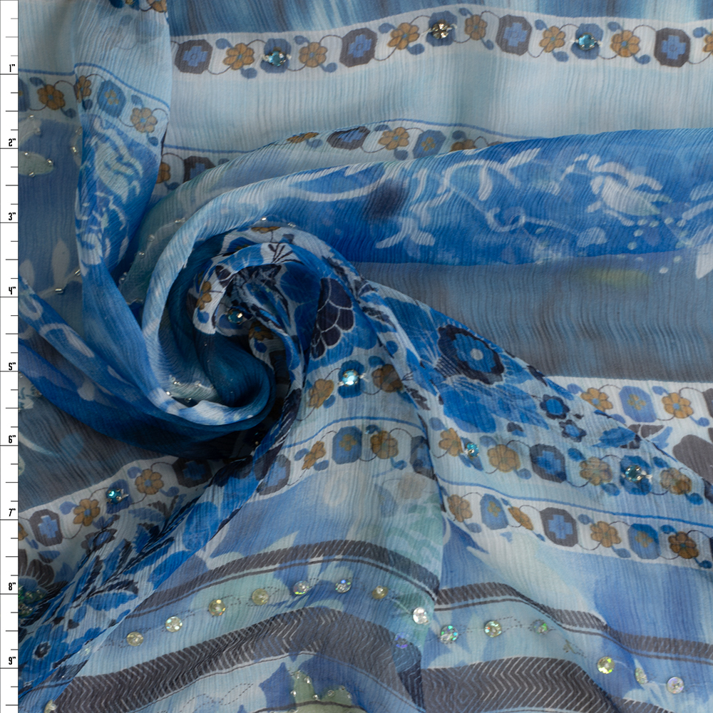 Turquoise horizontal floral stripe Beaded Crinkle Silk Chiffon #29237 Fabric By The Yard