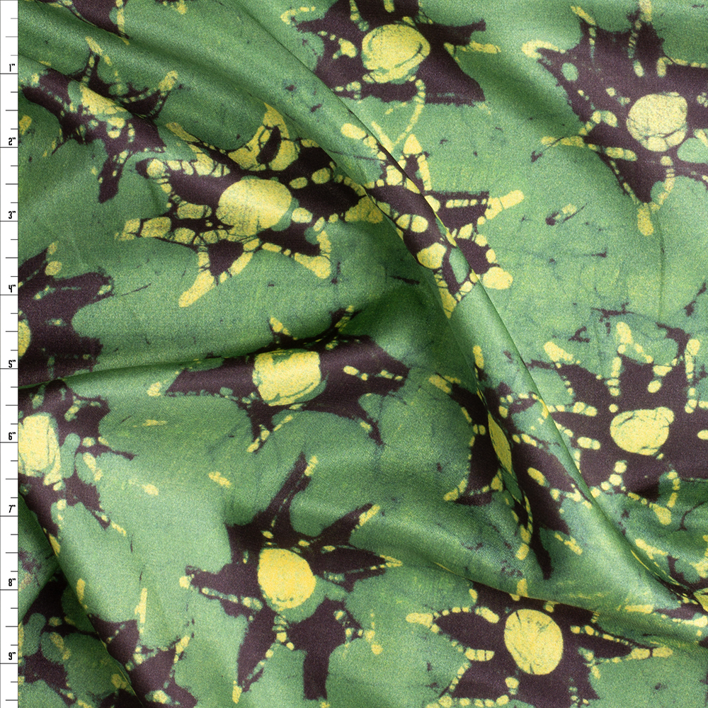Plum, yellow, and sage grunge floral Silk sateen #29293 Fabric By The Yard