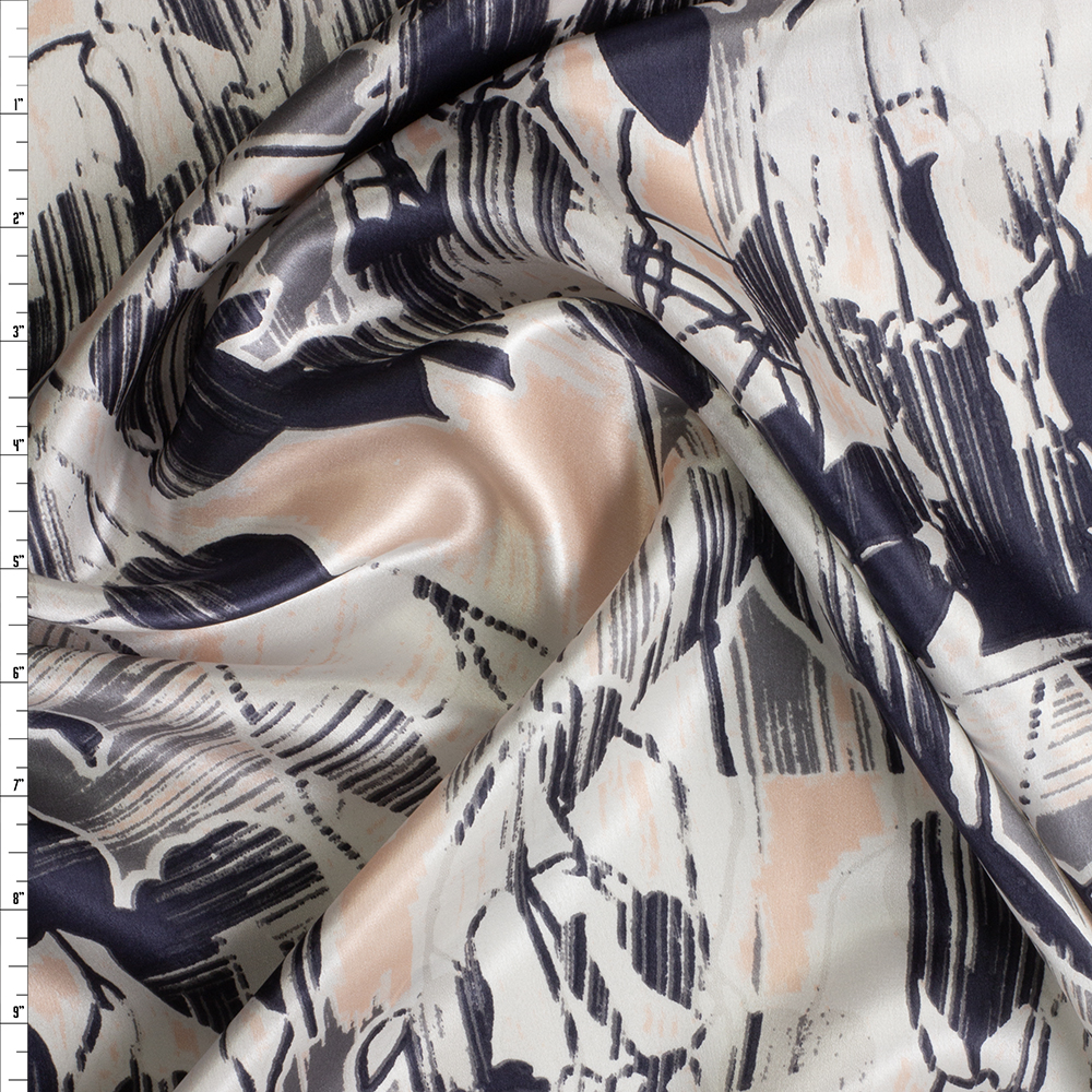 Charcoal, grey, and ivory abstract floral Silk Charmeuse #29295 Fabric By The Yard