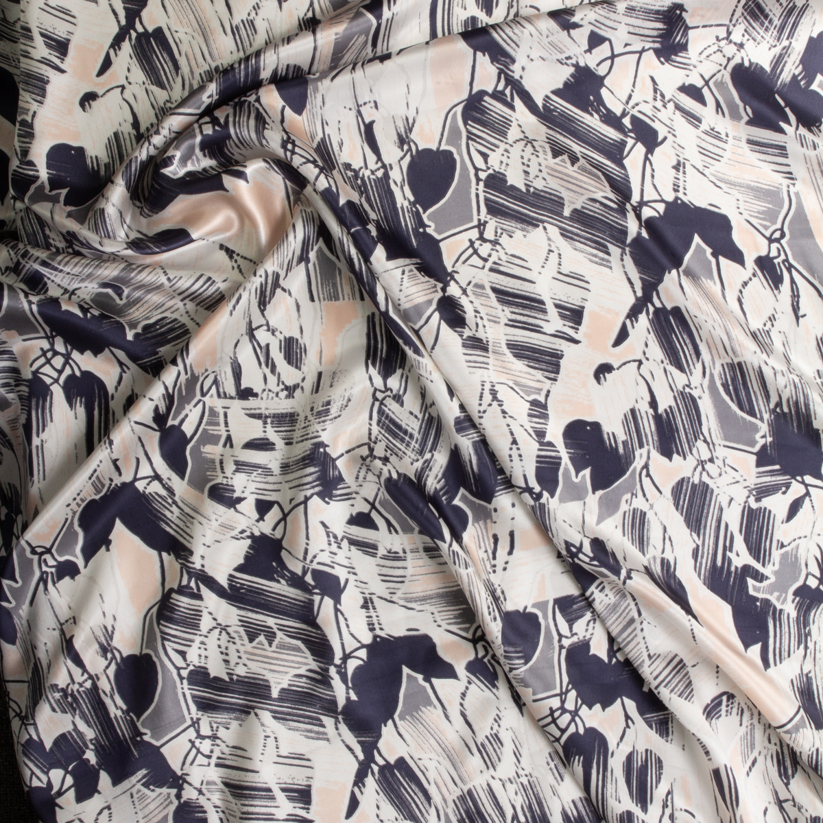 Charcoal, grey, and ivory abstract floral Silk Charmeuse #29295 Fabric By The Yard - Wide shot