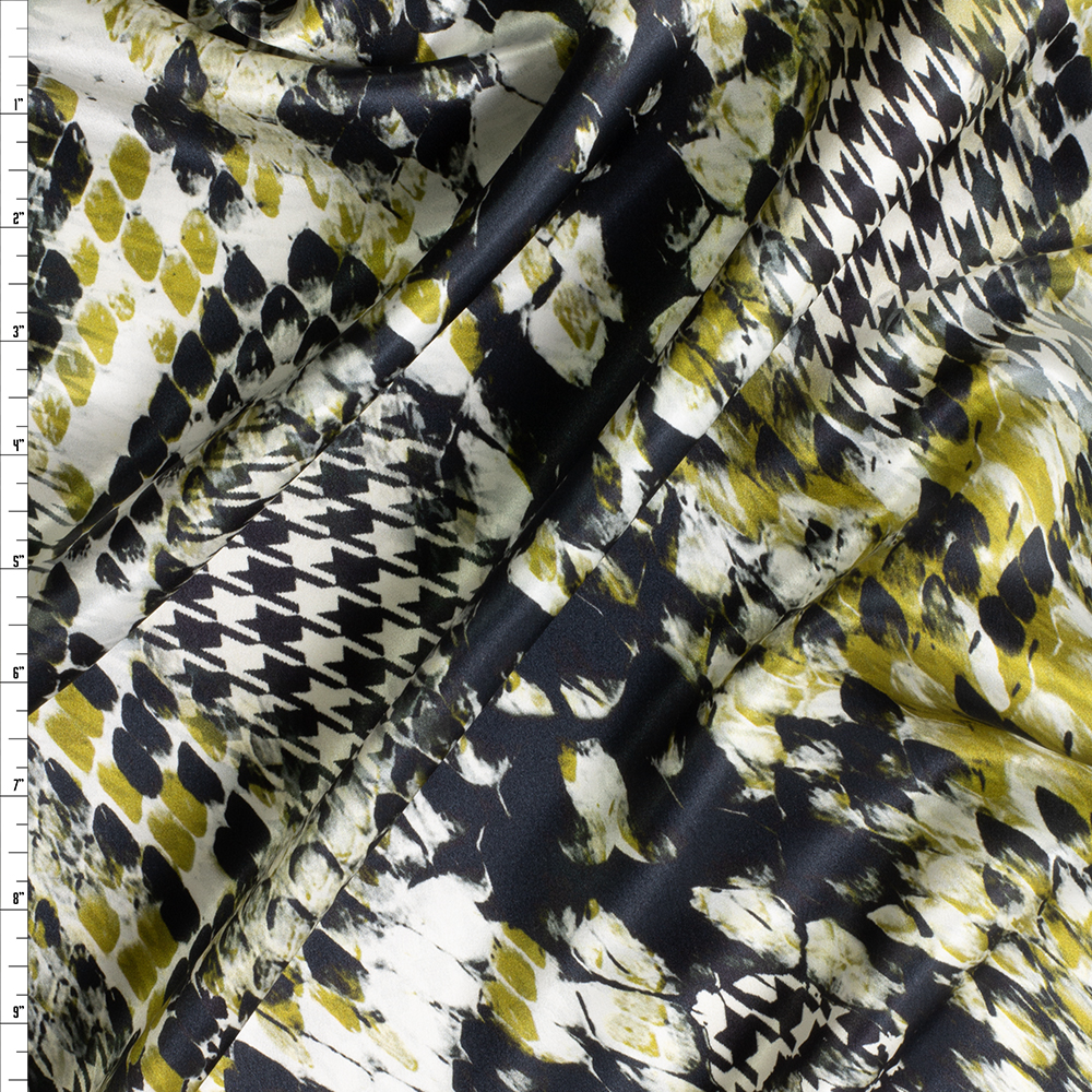 Black, white, and avocado snakeskin houndstooth abstract Silk Charmeuse #29296 Fabric By The Yard