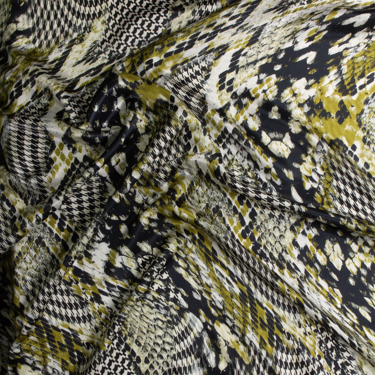 Black, white, and avocado snakeskin houndstooth abstract Silk Charmeuse #29296 Fabric By The Yard - Wide shot