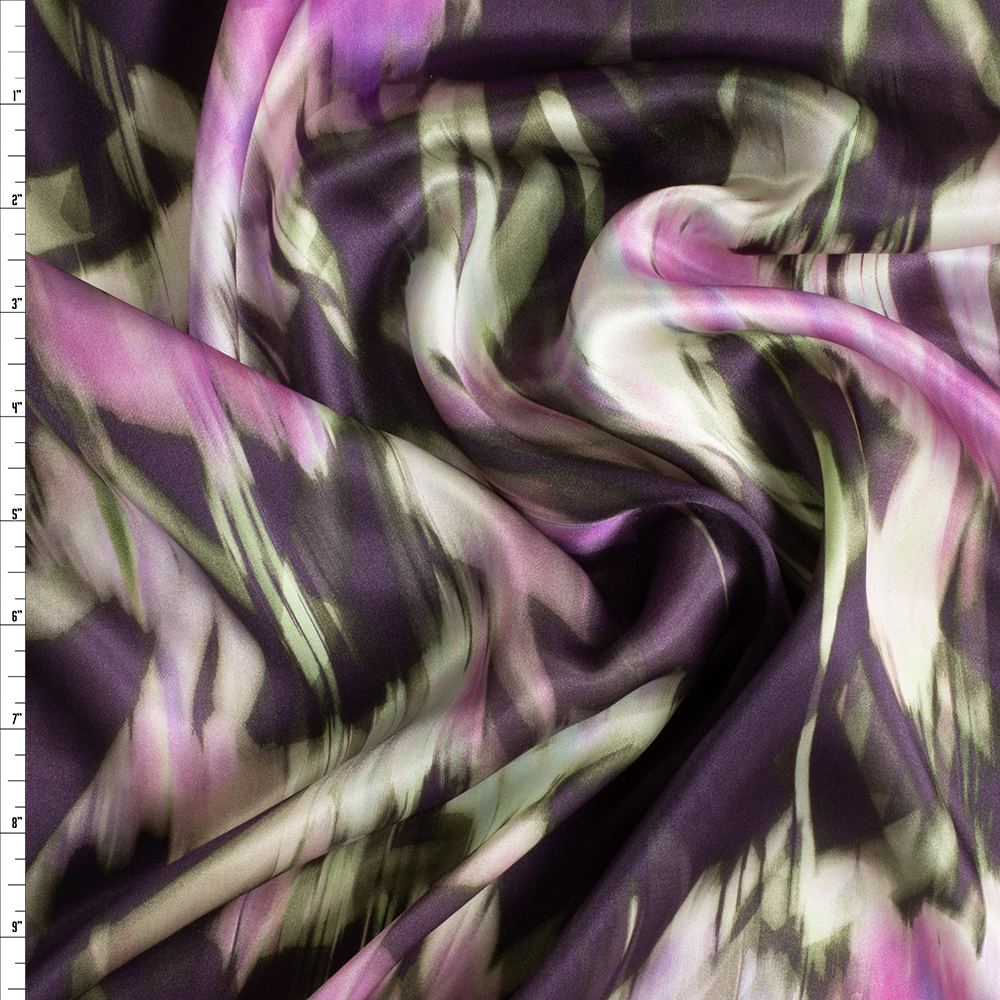 Plum, pink, and olive abstract Silk Charmeuse #29297 Fabric By The Yard
