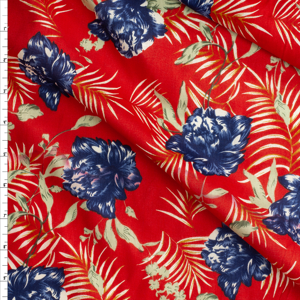 Blue Island Floral on Red Cotton Lawn #29317 Fabric By The Yard