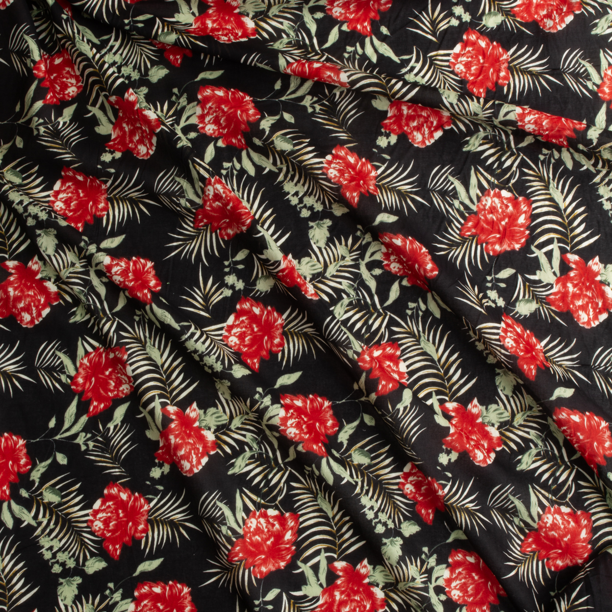Red Island Floral on Black Cotton Lawn #29318 Fabric By The Yard - Wide shot
