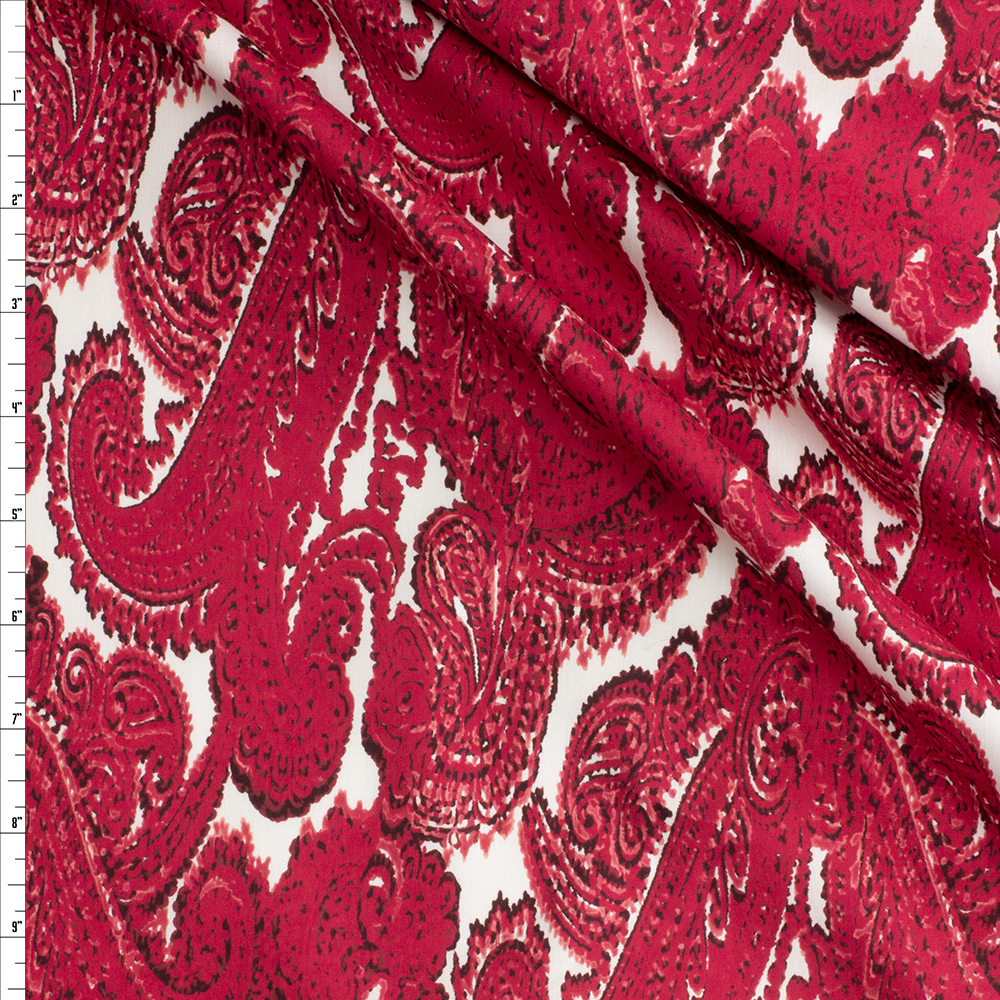 Red Paisley on White Stretch Lightweight Cotton Poplin #29325 Fabric By The Yard