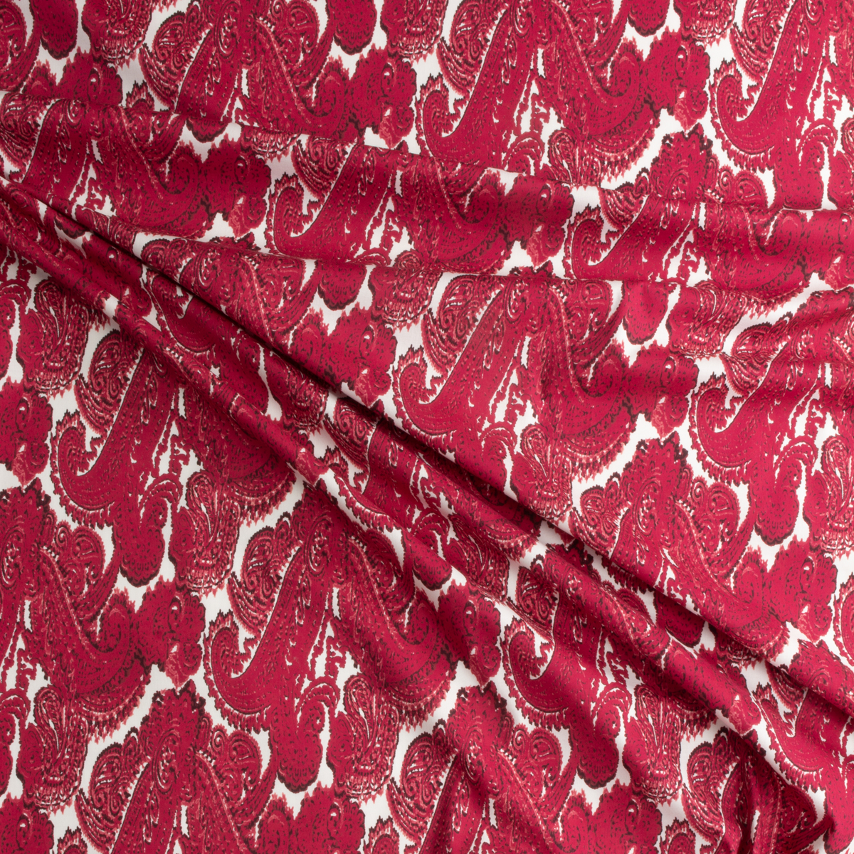 Red Paisley on White Stretch Lightweight Cotton Poplin #29325 Fabric By The Yard - Wide shot