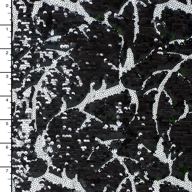 Black/White Designer Leaf Pattern Sequin Fabric