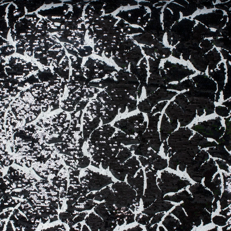 White/Black Designer Leaf Pattern Sequin Fabric