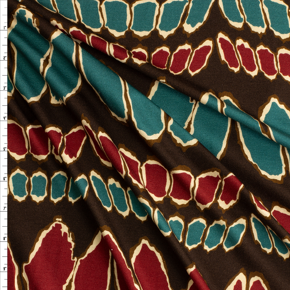 Brown, Wine, Teal and Tan Horizontal Abstract Italian Rayon/Spandex Jersey Knit #29529 Fabric By The Yard