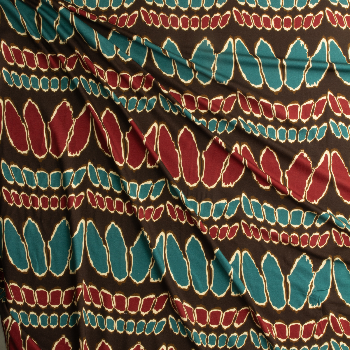 Brown, Wine, Teal and Tan Horizontal Abstract Italian Rayon/Spandex Jersey Knit #29529 Fabric By The Yard - Wide shot