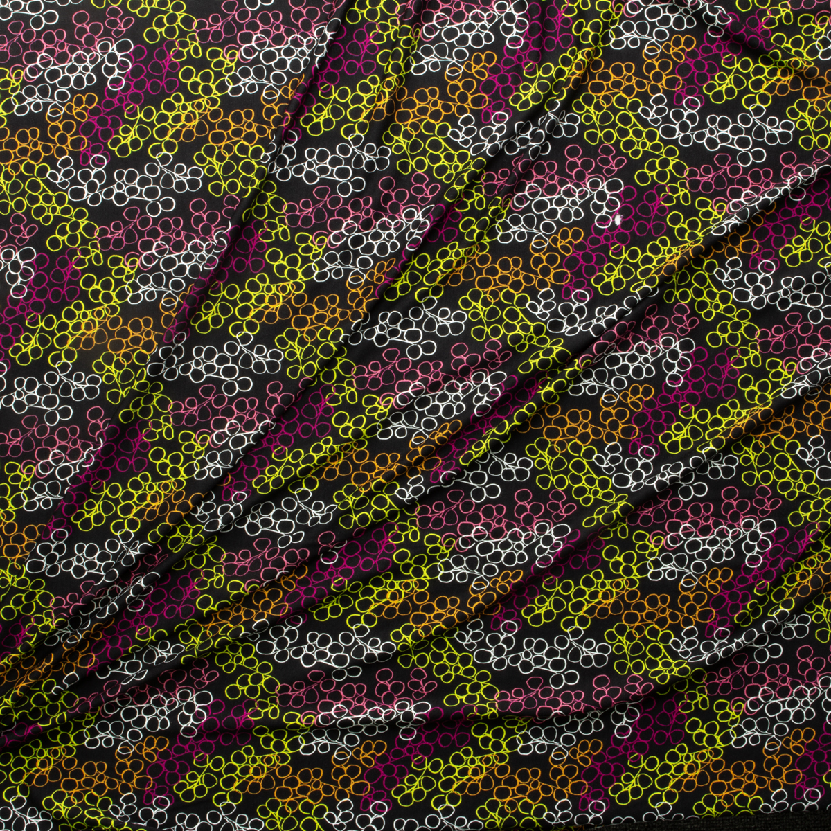 Lime, Hot Pink, White, and Orange Circle Abstract on Black Italian Rayon/Spandex Jersey Knit #29531 Fabric By The Yard - Wide shot