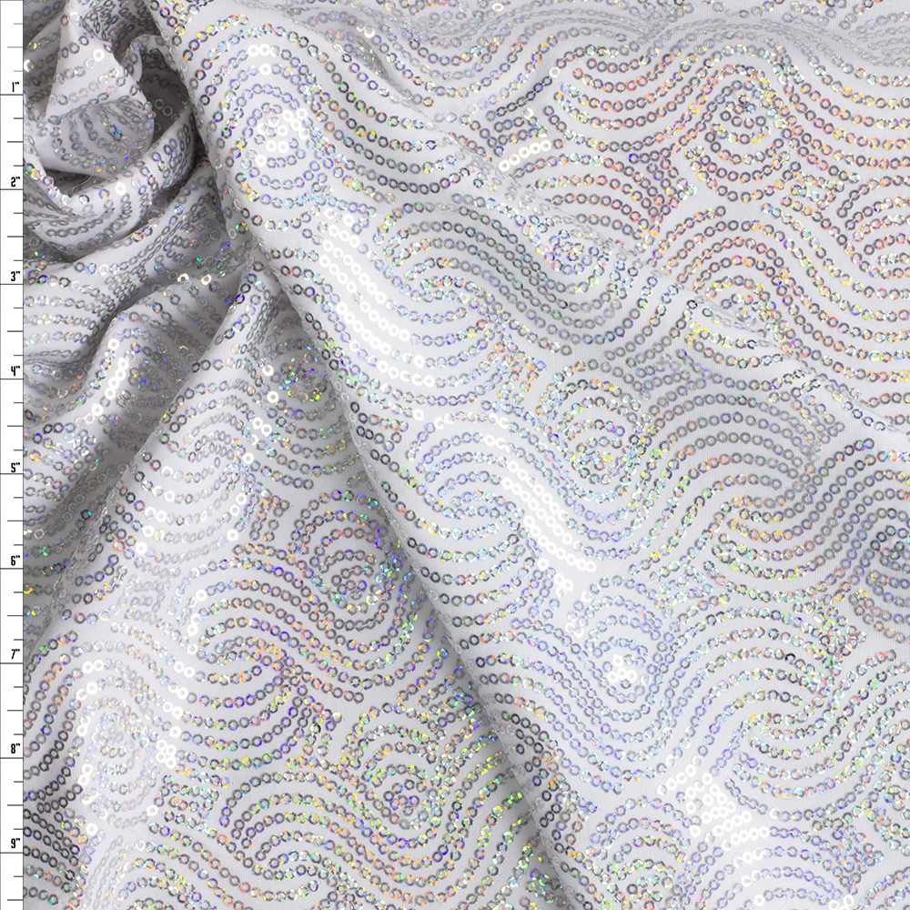 Holographic Sequin Waves on White Poly/Spandex Knit #29542 Fabric By The Yard