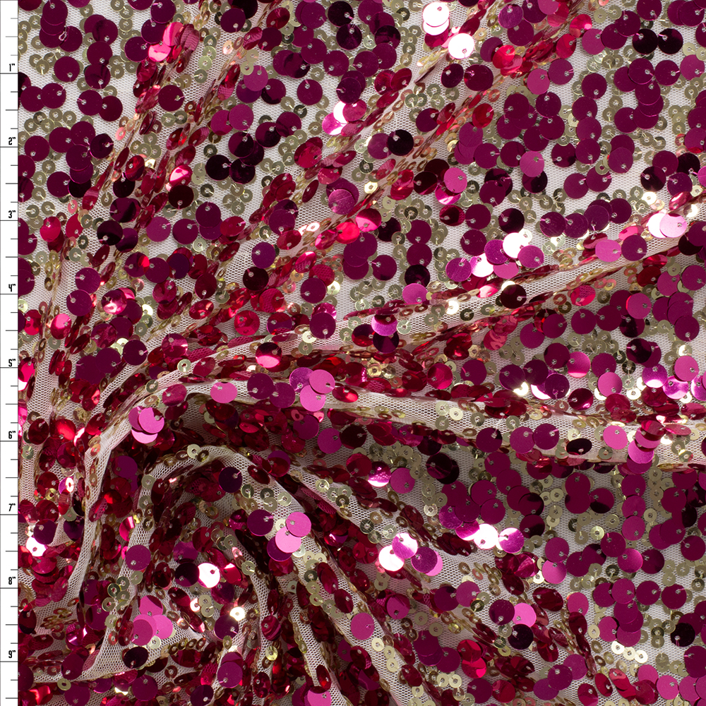 Hot Pink and Matte Gold Sequins on Ivory Netting #29544 Fabric By The Yard