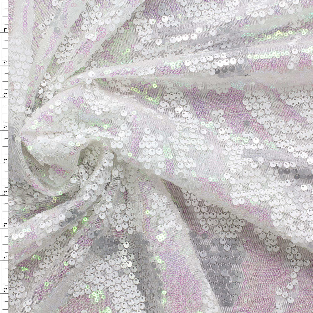 White, Silver, and Iridescent Waving Pattern Sequins on White Netting #29546 Fabric By The Yard